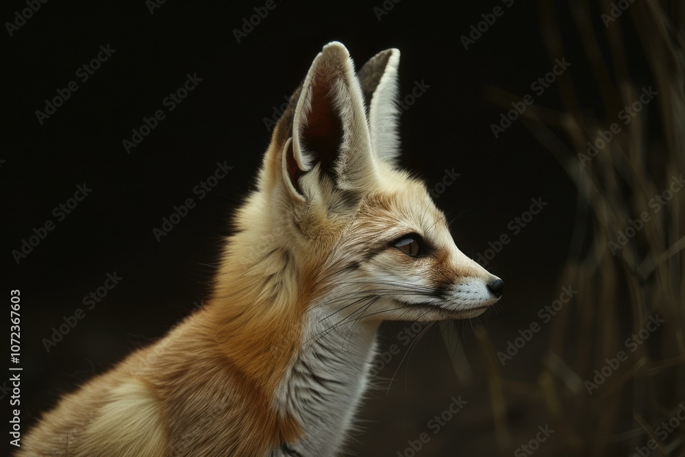 Fototapeta premium Close up of a fennec fox showing its distinctive large ears against a dark background, creating a captivating wildlife portrait