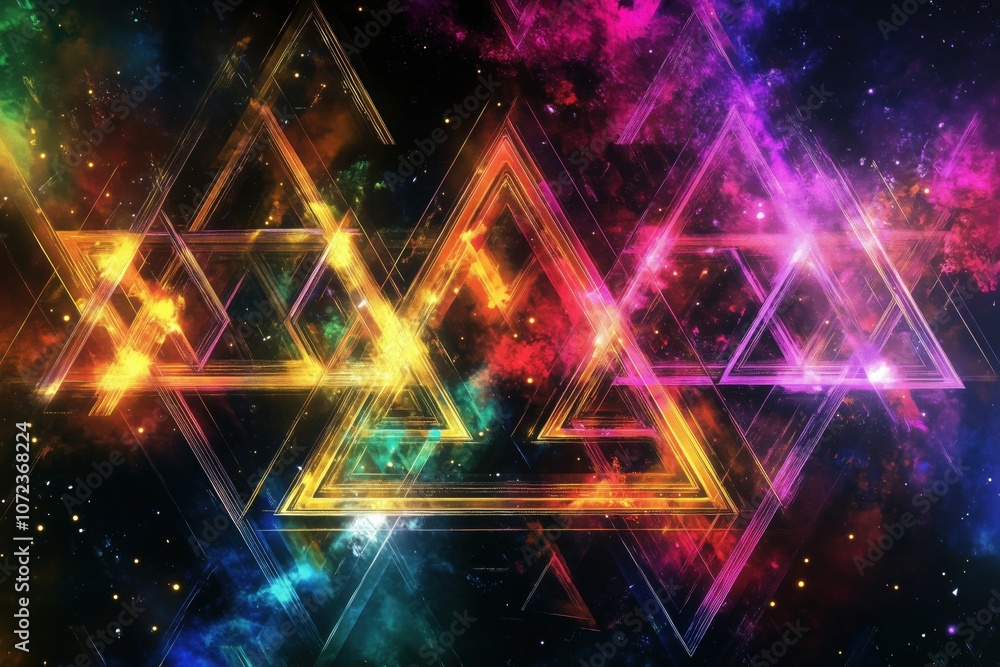Colorful geometric patterns in cosmic space, vibrant triangles and stars Colorful geometric patterns in cosmic space, vibrant triangles and stars