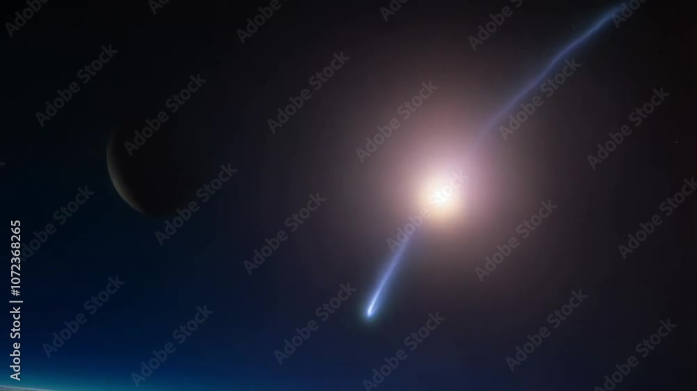 A spectacular view of a comet streaking across the night sky, leaving a glowing trail behind as it approaches a planet. A spectacular view of a comet streaking across the night sky, leaving a glowing trail behind as it approaches a planet.