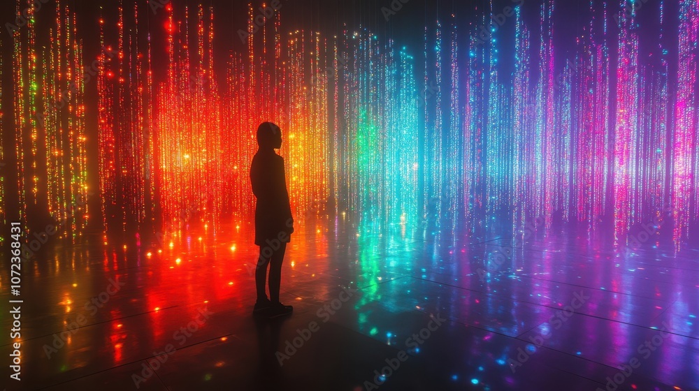 Obraz premium The image portrays a faceless person amid a data center filled with vibrant lights, representing anonymity in the digital age