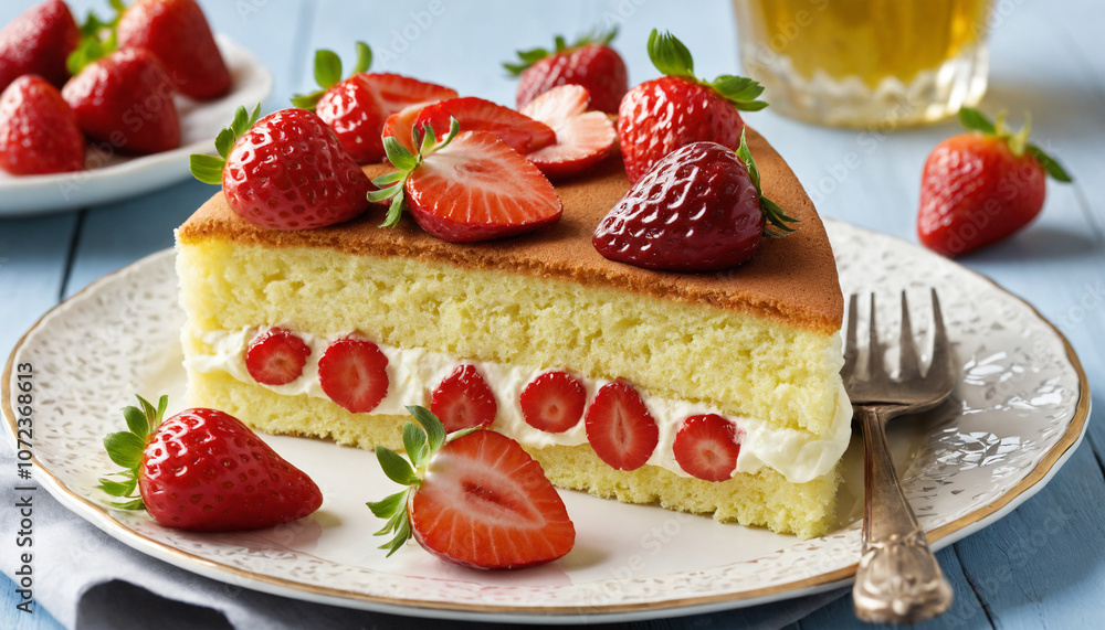 sponge cake covered with strawberry slices on a white plate sponge cake covered with strawberry slices on a white plate