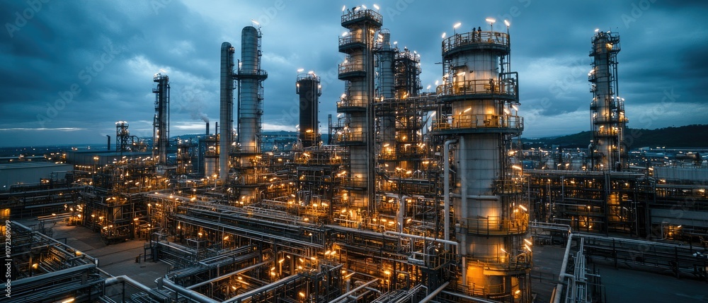 An illuminated industrial complex at twilight with tall towers and intricate piping. An illuminated industrial complex at twilight with tall towers and intricate piping.
