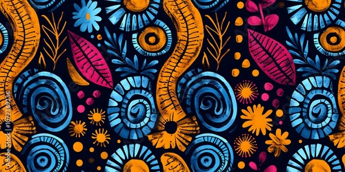 Artistic, hand-drawn floral and spiral pattern with vibrant colors. Perfect for fabric design, wallpapers, home decor, and modern stationery projects.