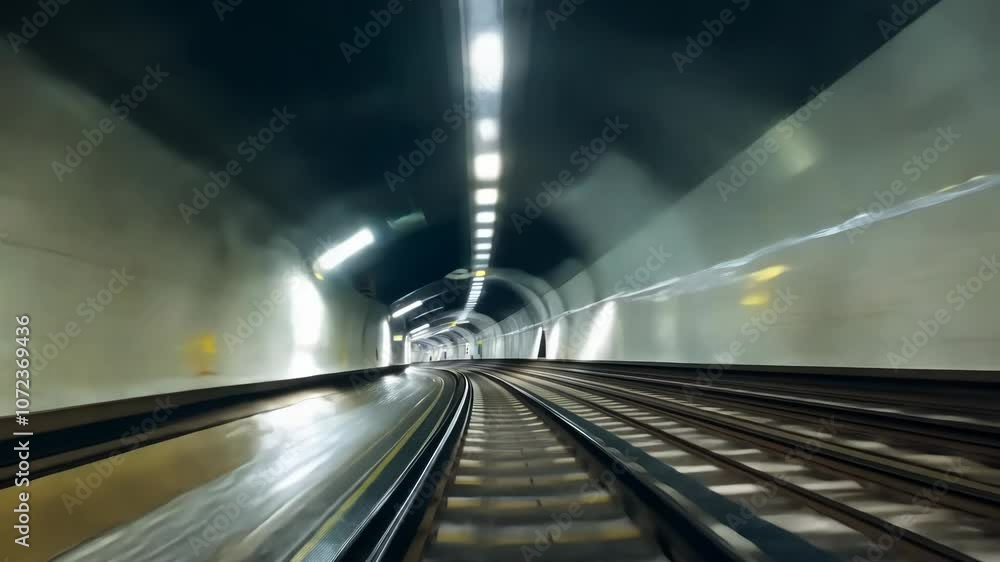 Speed ride through the underground train tunnel. Moving fast on the subway railway. First person view Speed ride through the underground train tunnel. Moving fast on the subway railway. First person view