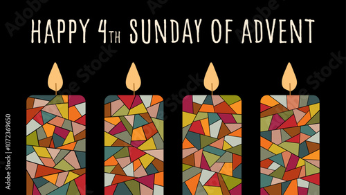 Happy 4th Sunday of Advent - Schriftzug in englischer Sprache - Fröhlicher 4. Adventssonntag. Grußkarte mit bunten Kerzen.	