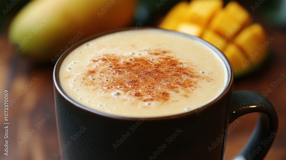 A mug of creamy, frothy drink topped with cinnamon, with a mango in the background A mug of creamy, frothy drink topped with cinnamon, with a mango in the background
