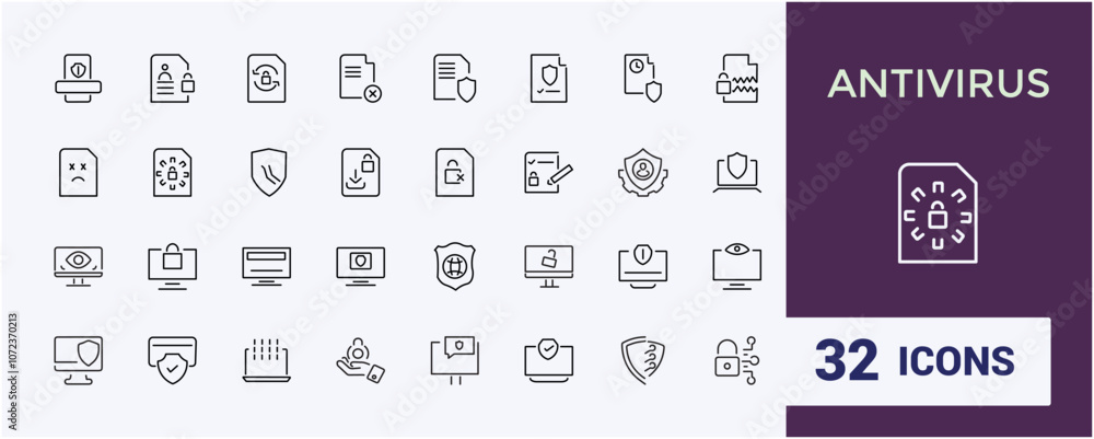 Antivirus icons set in line style. Contains related to defense, safe, cyber security, security, guard, protection and more. Thin linear style icon. Vector outline icons Collection. Antivirus icons set in line style. Contains related to defense, safe, cyber security, security, guard, protection and more. Thin linear style icon. Vector outline icons Collection.