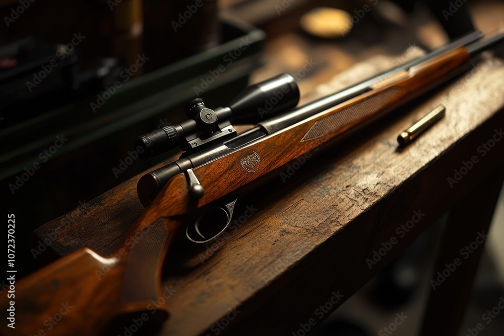 Close-up of a wooden rifle with a scope on a wooden surface Close-up of a wooden rifle with a scope on a wooden surface