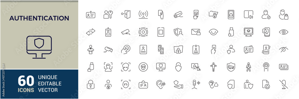 Authentication line icons set. Related to access control, identification, authorization, authenticity, biometric and more. Isolated icon design. Vector symbol editable stroke. Authentication line icons set. Related to access control, identification, authorization, authenticity, biometric and more. Isolated icon design. Vector symbol editable stroke.