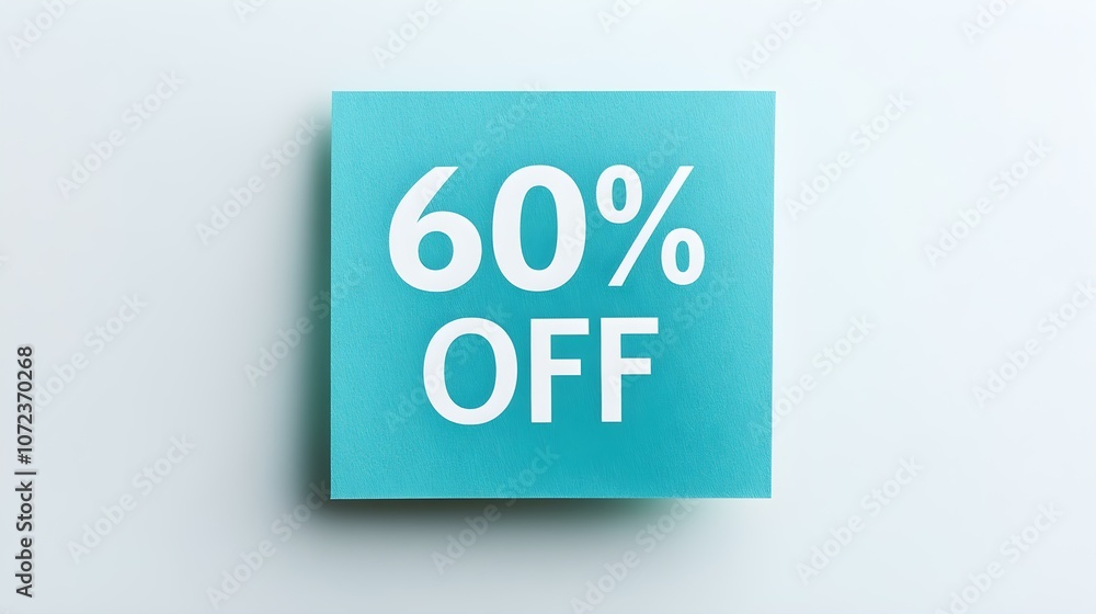 White '60% OFF' Text on a Cyan Square Paper Note. White Background with Copy Space White '60% OFF' Text on a Cyan Square Paper Note. White Background with Copy Space
