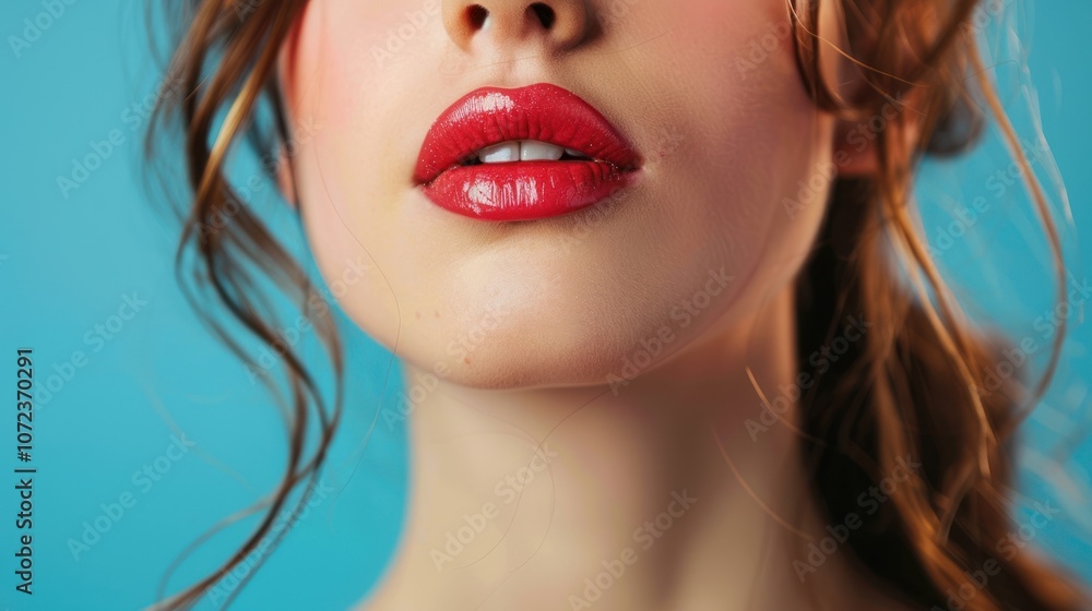 Young woman with beautiful lips on blue background Young woman with beautiful lips on blue background