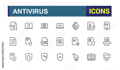 Antivirus icons set in line style. Contains related to defense, safe, cyber security, security, guard, protection and more. Thin linear style icon. Vector outline icons Collection.