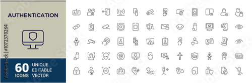 Authentication line icons set. Related to access control, identification, authorization, authenticity, biometric and more. Isolated icon design. Vector symbol editable stroke.