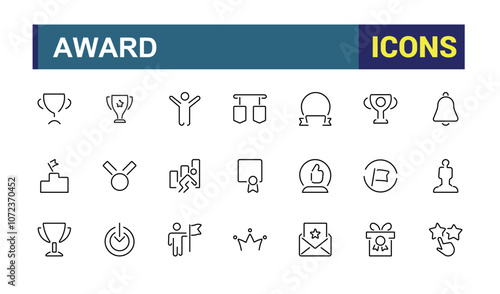 Award linear icon collection. Includes thin line honor, win, medallion, badge, banner, competition, sport, top. Collection for mobile and web apps. Editable stroke.