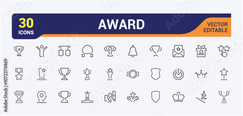 Award linear icon collection. Includes thin line honor, win, medallion, badge, banner, competition, sport, top. Collection for mobile and web apps. Editable stroke.