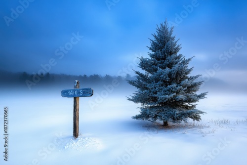 Serene winter landscape with snowy pine tree and signpost