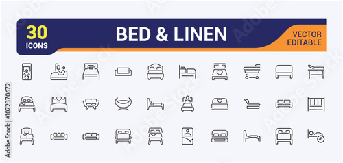 Bed Linen line icons set. Includes icons for sheet, soft, home, duvet, bed and more. Minimalist thin linear icon collection.