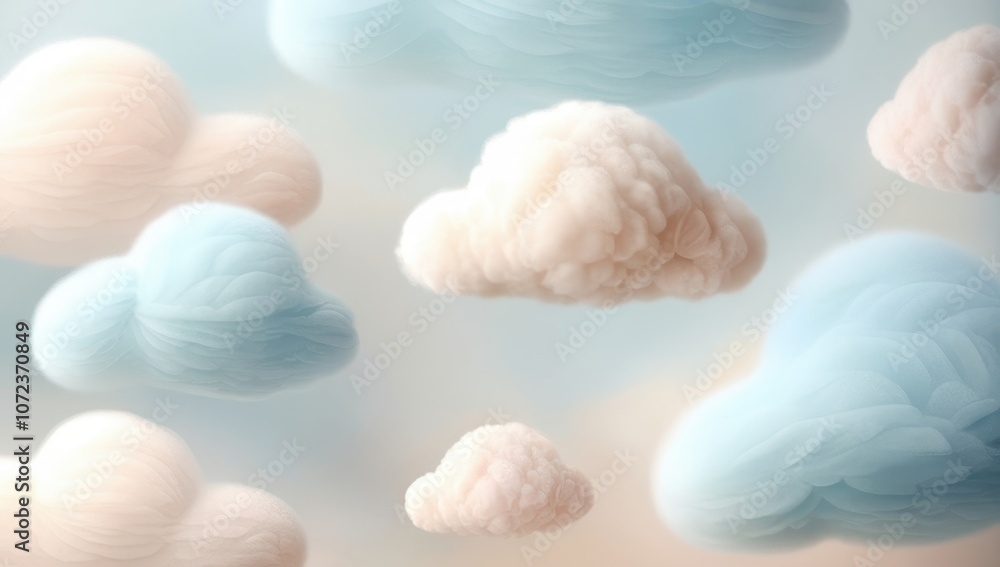 A soft and dreamy illustration of fluffy clouds in shades of pink, blue, and white against a pastel background A soft and dreamy illustration of fluffy clouds in shades of pink, blue, and white against a pastel background