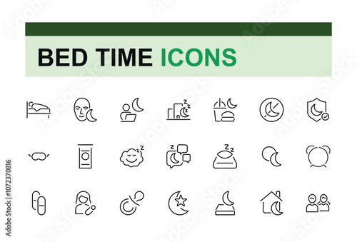 Bed Time thin line icon set. Includes thin line mattress, fast, bed, disorder, pill, slippers, owl and more. Simple icon designs.