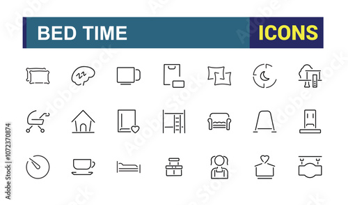 Bed Time thin line icon set. Includes thin line mattress, fast, bed, disorder, pill, slippers, owl and more. Simple icon designs.