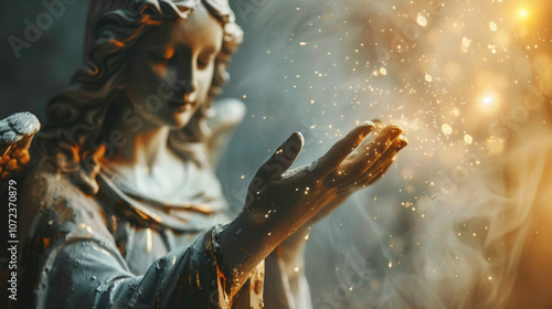 A close shot of an angelic figureâs delicate hand, with tiny sparkles of light emanating from their fingers.