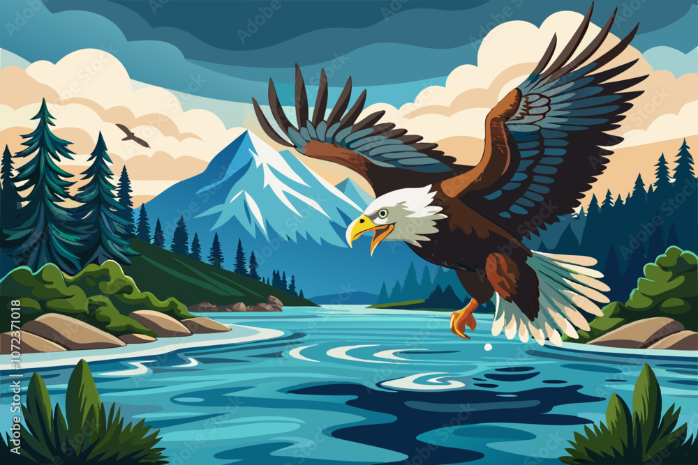 Foto Beautiful bald eagle attacking a fish vector art illustration