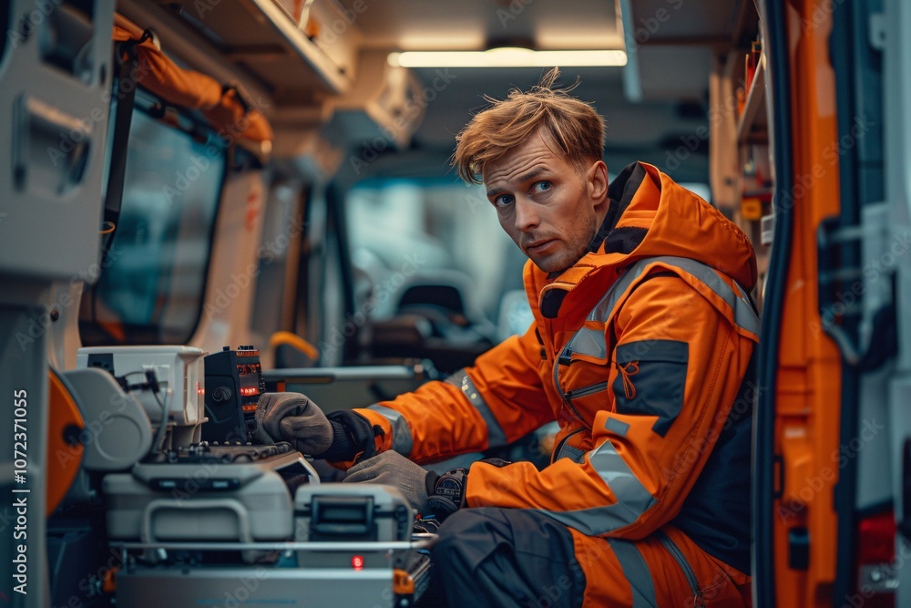 A focused emergency responder works diligently at a control panel inside an ambulance, adjusting equipment while preparing for a potential call in an urban setting during late afternoon A focused emergency responder works diligently at a control panel inside an ambulance, adjusting equipment while preparing for a potential call in an urban setting during late afternoon