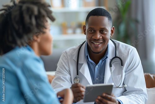 A healthcare professional attentively engages with a patient, using a tablet to review important health information in a welcoming office environment