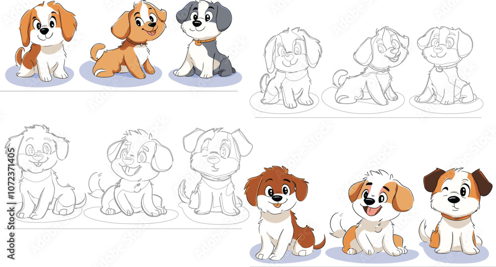 Fototapeta premium Cute Cartoon Puppies in Different Poses for Coloring and Fun