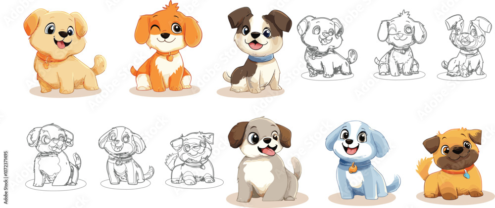 Obraz premium Colorful Cartoon Puppies and Their Sketch Illustrations