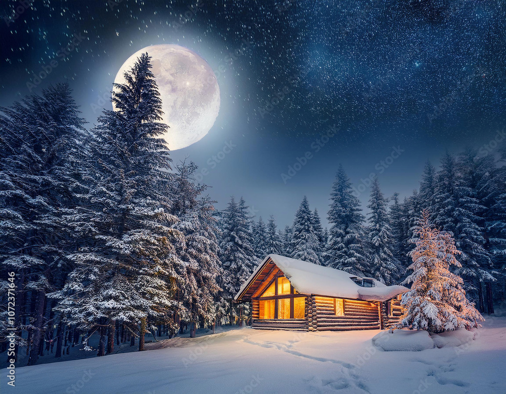 Cozy illuminated log cabin nestled in snow-covered forest under full moon and starry winter night sky, creating magical holiday atmosphere Cozy illuminated log cabin nestled in snow-covered forest under full moon and starry winter night sky, creating magical holiday atmosphere