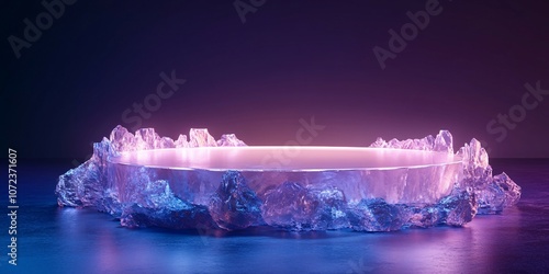 Octagonal frosted glass podium background with pink and purple gradient lighting