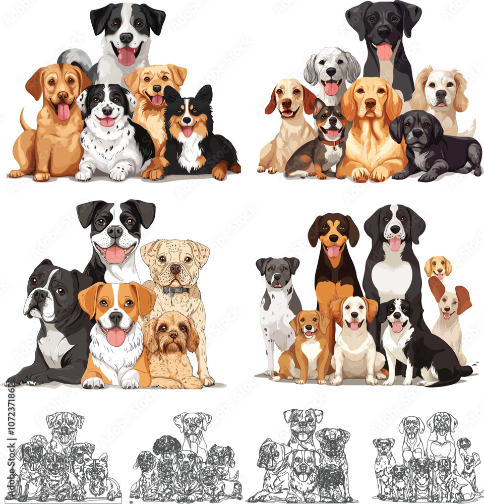 Obraz premium Colorful Illustration of Diverse Dog Breeds Grouped Together