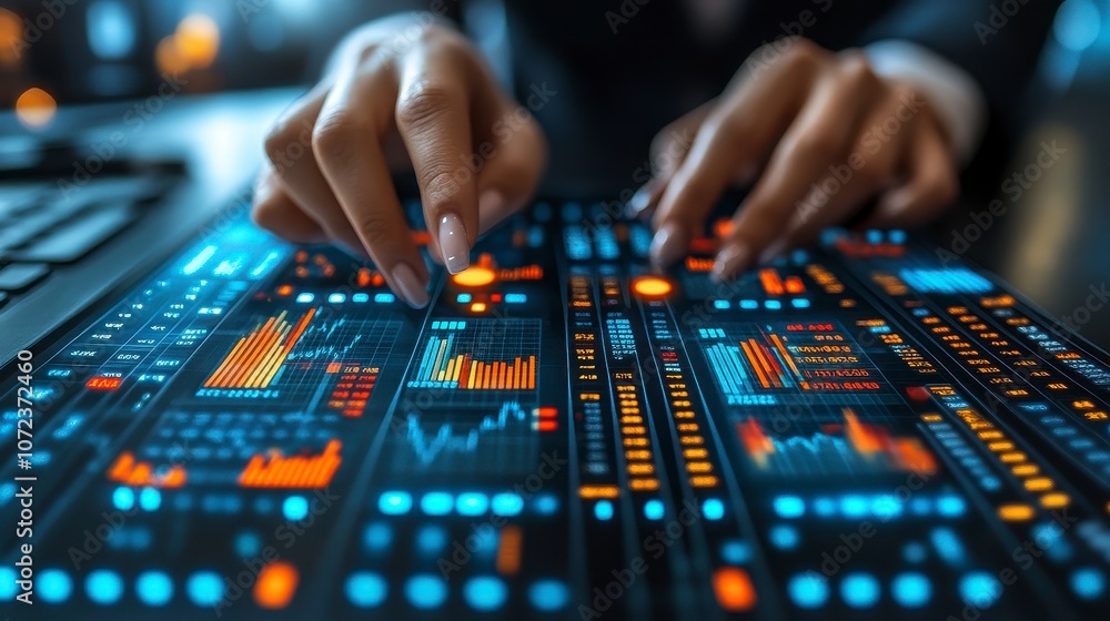 Hands of a Business Professional Analyzing Data Trends and Financial Charts on a High-Tech Digital Interface for Market Insights and Investment Strategies Hands of a Business Professional Analyzing Data Trends and Financial Charts on a High-Tech Digital Interface for Market Insights and Investment Strategies