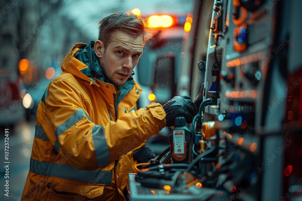 A technician in a reflective jacket is busy adjusting equipment outside emergency vehicles as twilight approaches, ensuring everything is ready for urgent situations A technician in a reflective jacket is busy adjusting equipment outside emergency vehicles as twilight approaches, ensuring everything is ready for urgent situations