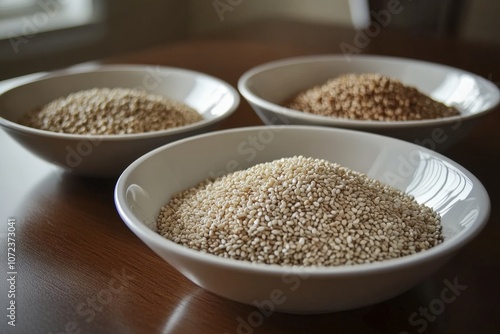 Bowls of various types of grains on a wooden table