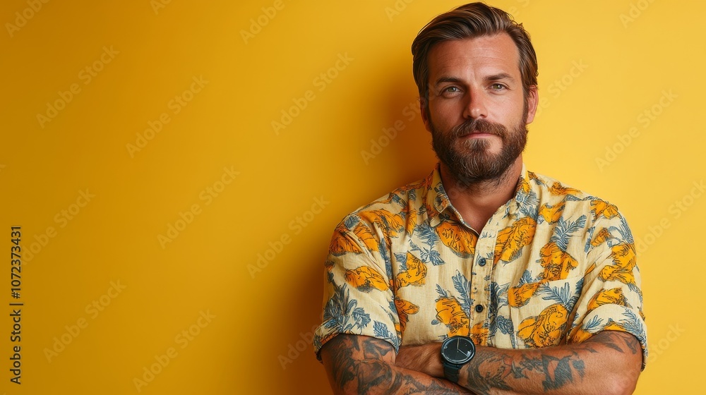 handsome brutal man 40 years old with beard and summer short-sleeved shirt on yellow background, hipster, copy space, macho handsome brutal man 40 years old with beard and summer short-sleeved shirt on yellow background, hipster, copy space, macho