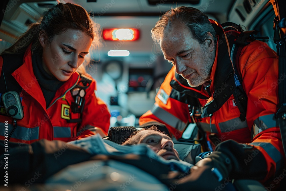 A team of two paramedics provides immediate care to an injured individual in an ambulance, surrounded by medical equipment and dim emergency lights, highlighting their urgent work A team of two paramedics provides immediate care to an injured individual in an ambulance, surrounded by medical equipment and dim emergency lights, highlighting their urgent work