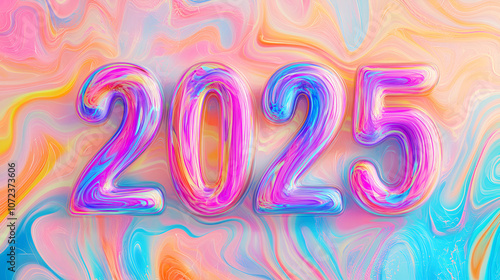 2025 wallpaper with morphing liquid shapes in pastel gradients 2025 displayed in bold translucent font over vibrant