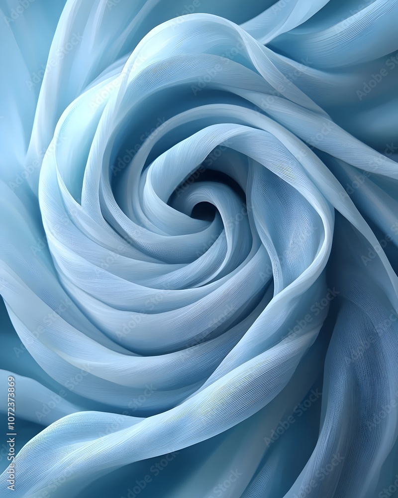 A delicate swirl of translucent light blue fabric, resembling the petals of a rose, creates a tranquil and ethereal atmosphere, perfect for artistic and design projects. A delicate swirl of translucent light blue fabric, resembling the petals of a rose, creates a tranquil and ethereal atmosphere, perfect for artistic and design projects.