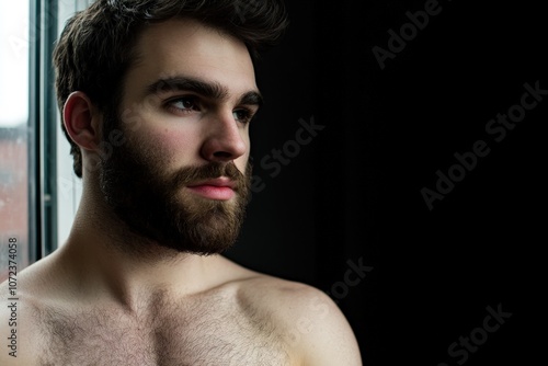 Pensive man with beard looking out window