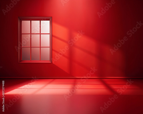 A minimalist red room with a single window casting geometric shadows, creating a warm, modern ambiance with striking contrasts of light and shadow.