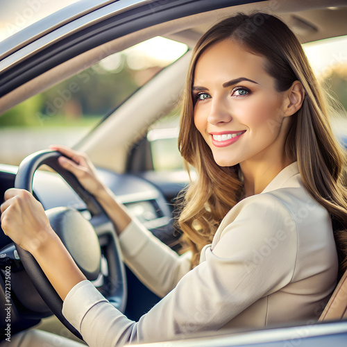 A smiling young woman sitting in the driver’s seat of a car, exuding confidence and happiness as she enjoys her drive