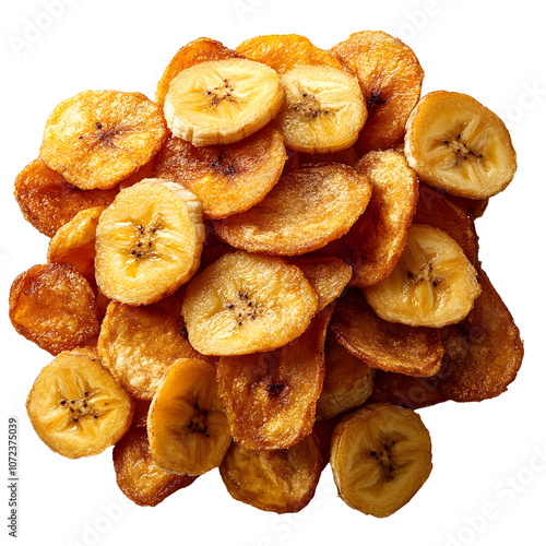 photography of dried crispy homemade banana chips on clean white background