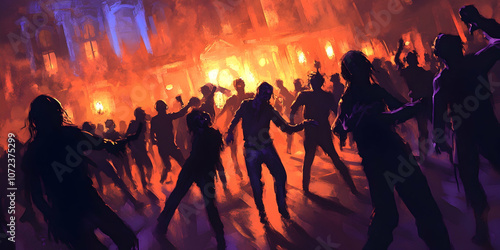 Crowd of dancing zombies on a spooky dance floor, creating a Halloween celebration . illustration