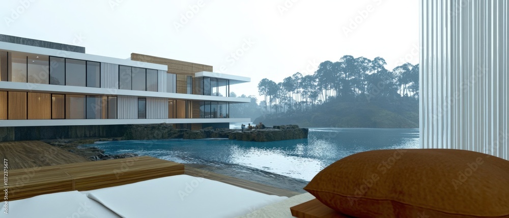 Naklejka premium Stunning modern lakeside villa with sleek architecture and serene natural surroundings