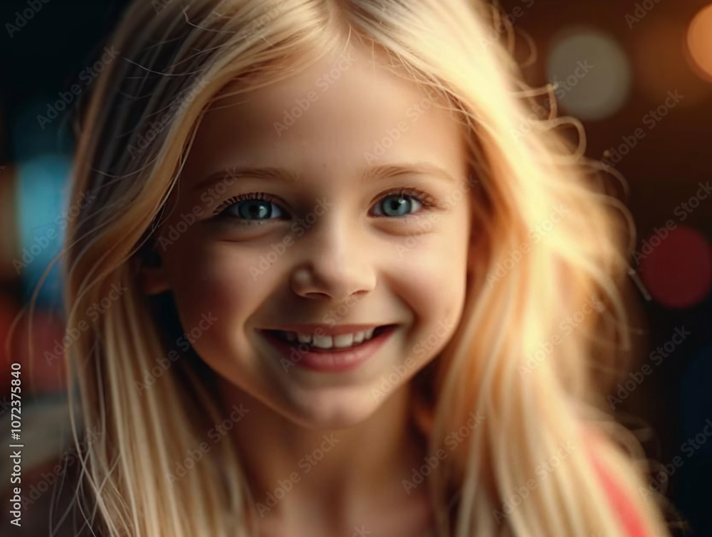 A young blonde girl with bright eyes and a wide smile is illuminated by soft, warm lighting against a bokeh background, creating a joyful and radiant atmosphere. A young blonde girl with bright eyes and a wide smile is illuminated by soft, warm lighting against a bokeh background, creating a joyful and radiant atmosphere.