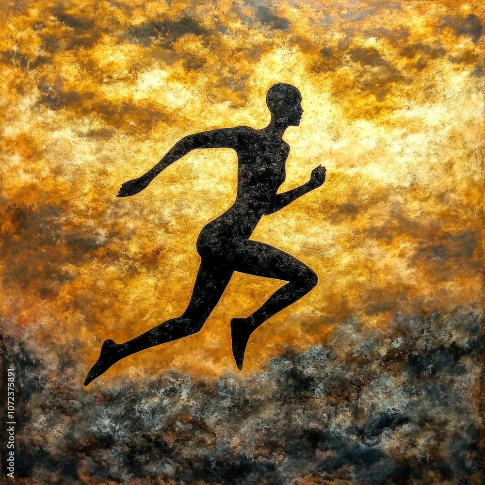 Silhouette of a running person against a fiery sky Silhouette of a running person against a fiery sky