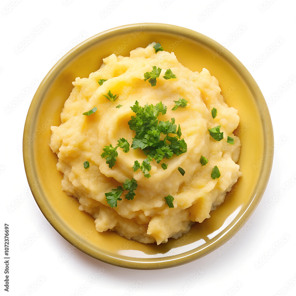 Creamy mashed potatoes garnished with fresh parsley, served in a yellow bowl, offering a warm, comforting, and classic side dish presentation Creamy mashed potatoes garnished with fresh parsley, served in a yellow bowl, offering a warm, comforting, and classic side dish presentation