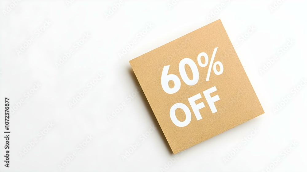 White '60% OFF' Text on a Gold Square Paper Note. White Background with Copy Space White '60% OFF' Text on a Gold Square Paper Note. White Background with Copy Space